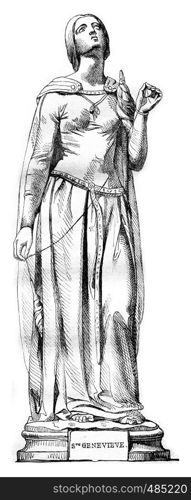 1836 Sculpture Show, Statue of St. Genevieve, the patron saint of Paris, vintage engraved illustration. Magasin Pittoresque 1836.