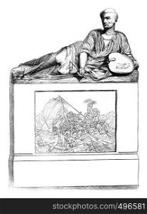 1841 Sculptor Show, Tomb of Gericault, marble, vintage engraved illustration. Magasin Pittoresque 1841.