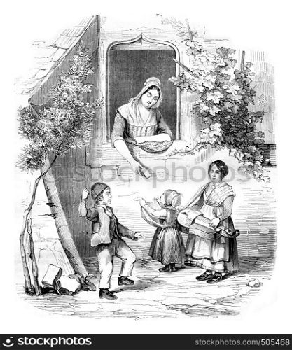 1842 Exhibition of Painting, Small Piemontais by Elisa miss Blondet, vintage engraved illustration. Magasin Pittoresque 1842.