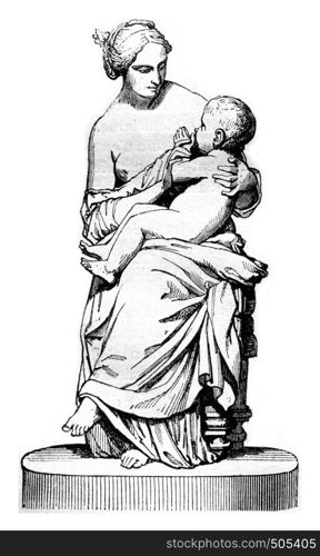 1842 Sculpture Show, Young Neapolitan woman believing her child, plaster group, vintage engraved illustration. Magasin Pittoresque 1842.