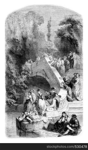 1852 Exhibition of Painting, Fishing, fall stage, vintage engraved illustration. Magasin Pittoresque 1852.