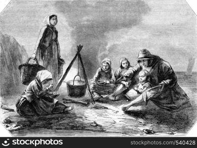 1857 Exhibition of Painting, A Family of fishermen, for Jeanron, vintage engraved illustration. Magasin Pittoresque 1857.