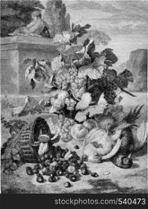 1857 Exhibition of Painting, The Basket of Strawberries overthrown by St. John, vintage engraved illustration. Magasin Pittoresque 1857.