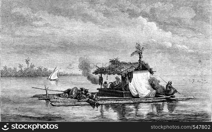 1861 Exhibition of Painting, A raft on the river Guayaquil, vintage engraved illustration. Magasin Pittoresque 1861.