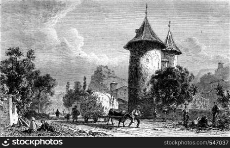 1861 Exhibition of Painting, A View of Sion Valais tower Wizards, by Karl Girardet, vintage engraved illustration. Magasin Pittoresque 1861.