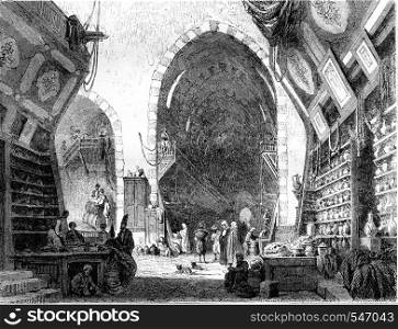 1861 Exhibition of Painting, Misir Charsi drugs bazaar in Constantinople, vintage engraved illustration. Magasin Pittoresque 1861.