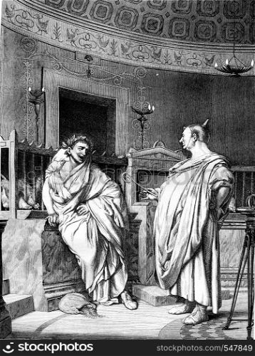 1861 Exhibition of Painting, Two augurs can not watch without laughing, by Gerome, vintage engraved illustration. Magasin Pittoresque 1861.