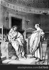 1861 Exhibition of Painting, Two augurs can not watch without laughing, by Gerome, vintage engraved illustration. Magasin Pittoresque 1861.