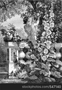 1861 Exhibition of Painting, Young girl picking fruit, painted panel, vintage engraved illustration. Magasin Pittoresque 1861.