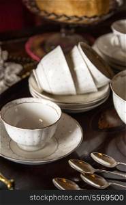 18th Century cups and saucers on inlaid wooden serving tray