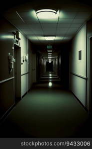 1960s hospital hallway low lighting, low camera perspective, dark, realistic created by AI