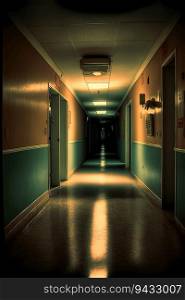1960s hospital hallway low lighting, low camera perspective, dark, realistic created by AI