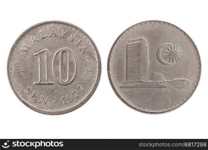 1977 10 sen Malaysia coin isolated on white background