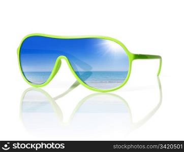 1980s styled cheap plastic sunglasses with reflection of the sea.