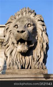 19th century guardian Lion sculpture on the Szechenyi Chain Bridge in Budapest, Hungary.