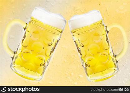 2 Beer mugs on yellow gradient drops background.