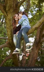 2 girls having fun together in a tree