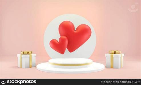 2 of hearts shape floating on the white cylinder podium and 2 white gift boxes beside.3d rendering for valentine day. 3D illustration.