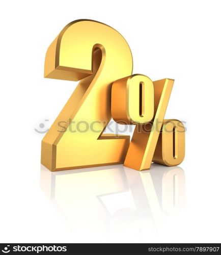 2 percent off. Gold metal letters on reflective floor. White background. Discount 3d render