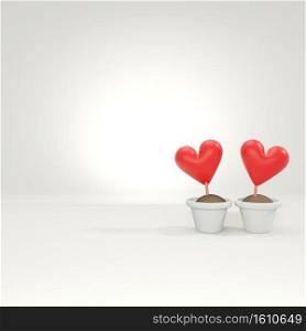 2 red heatrs in the flowerpot on white background for valentine’s day concept,3D render illustration