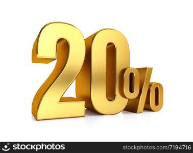 20% off. On sale. Great deal. twenty. One half. Rendered illustration Isolated 3D text with big golden fonts on white background.