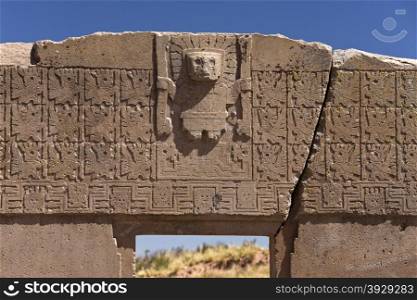 2000 year old Gate of the Sun archway at Tiwanaku Pre-Columbian site near La Paz in Bolivia, South America.