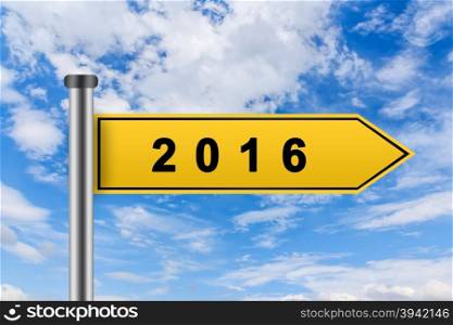 2016 Happy new year words on yellow road sign on blue sky