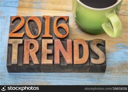 2016 trends banner - text in vintage letterpress wood type printing blocks with a cup od coffee