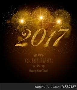 2017 background with golden fireworks. Vector.