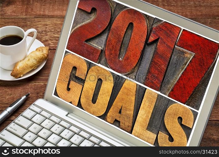 2017 goals banner - New Year resolution concept - text in vintage letterpress wood type printing blocks stained by red ink on a laptop screen with a cup of coffee