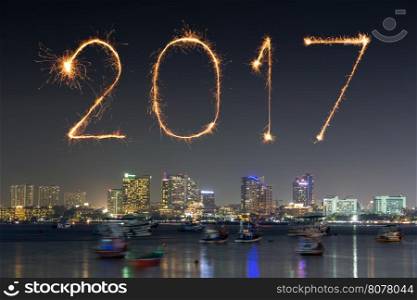 2017 Happy New Year Fireworks celebrating over Pattaya beach at night, Thailand