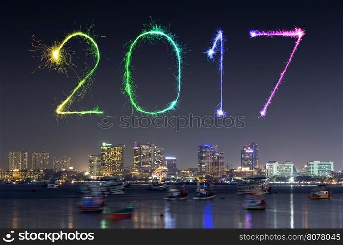 2017 Happy New Year Fireworks celebrating over Pattaya beach at night, Thailand