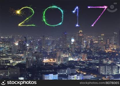 2017 New Year Fireworks celebrating over Bangkok cityscape at night, Thailand