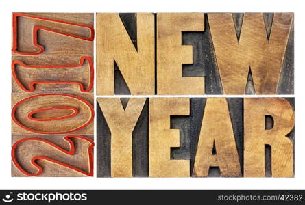 2017 New Year greeting card - isolated word abstract in letterpress wood type printing blocks