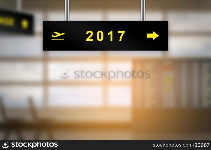 2017 on airport sign board with blurred background and copy space