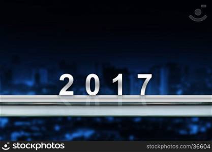 2017 on metal railing with blurred background