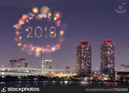 2018 Happy new year firework Sparkle at night, Odaiba,Tokyo cityscape, Japan