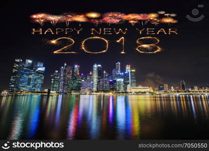 2018 Happy new year firework Sparkle with central business district building of Singapore city at night