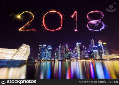 2018 Happy new year firework Sparkle with central business district building of Singapore city at night