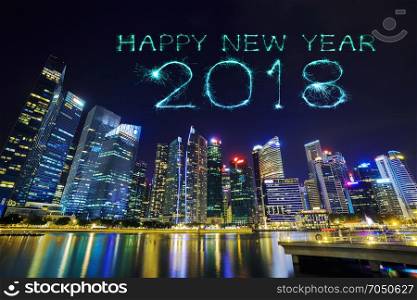 2018 Happy new year firework Sparkle with central business district building of Singapore city at night