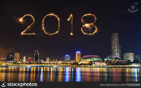 2018 Happy new year firework Sparkle with cityscape of Singapore city at night