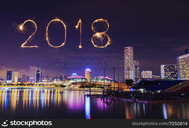 2018 Happy new year firework Sparkle with cityscape of Singapore city at night