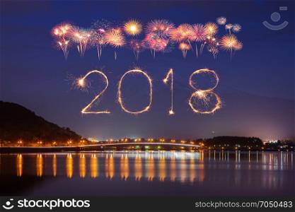 2018 Happy new year firework Sparkle with Fujisan mountain background at night, Japan