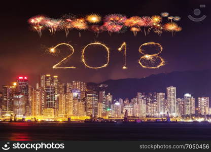 2018 Happy new year firework Sparkle with Hong Kong cityscape at night