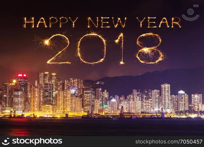 2018 Happy new year firework Sparkle with Hong Kong cityscape at night