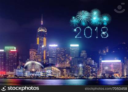 2018 Happy new year firework Sparkle with Hong Kong cityscape at night