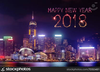 2018 Happy new year firework Sparkle with Hong Kong cityscape at night