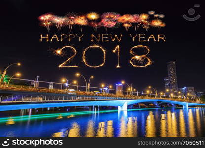 2018 Happy new year firework Sparkle with Jubilee bridge at night, Singapore