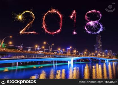 2018 Happy new year firework Sparkle with Jubilee bridge at night, Singapore