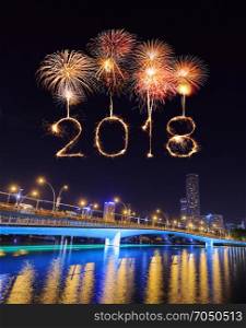 2018 Happy new year firework Sparkle with Jubilee bridge at night, Singapore